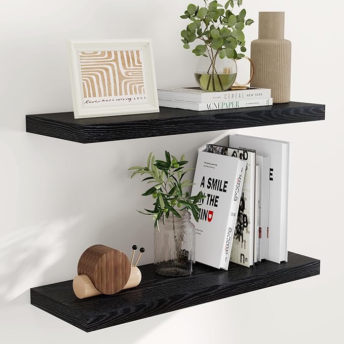 Fun Memories Black Floating Shelves 32 Inch Long, 9 Inch Deep Floating Bookshelf Wall Mounted, Farmhouse Wood Shelves White for Bathroom, Living Room, Bedroom, Home Decor Deep Shelf for Wall Set of 2