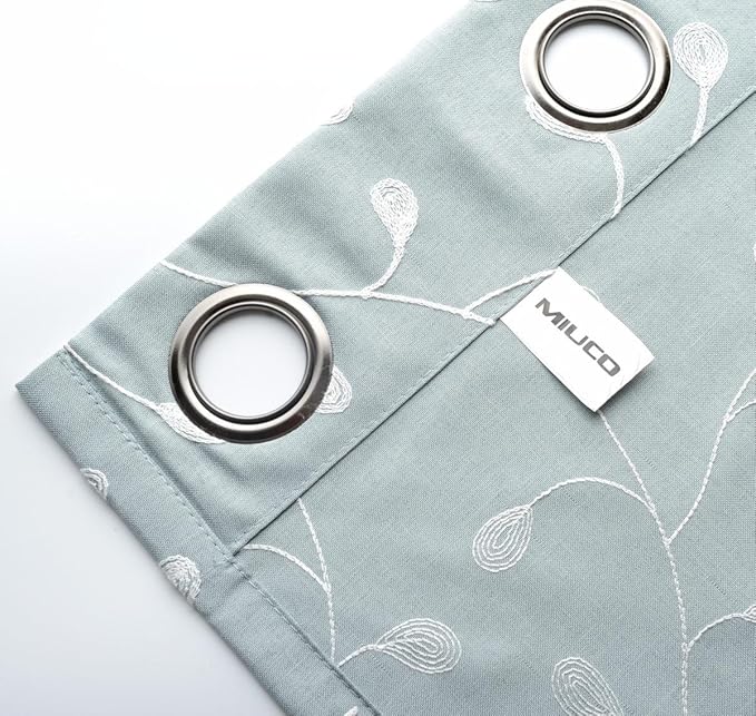 MIUCO Floral Embroidered Semi-Sheer Curtains Faux Linen Grommet Window Panel Pair for Nursery 52 x 63 Inch, Sea Foam