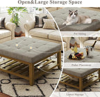 Large Square Ottoman Coffee Table, Linen Solid Upholstered Footrest Ottoman with Solid Wood Shelf Storage Tufted Coffee Table for Bedroom Living Room, Linen