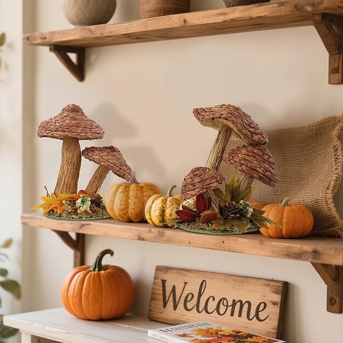 winemana 2 Pack Mushroom Fall Decor - Handmade Woven Mushrooms Figurines, Rustic Farmhouse Table Centerpieces for Thanksgiving, Autumn Home, Shelf & Kitchen Decor