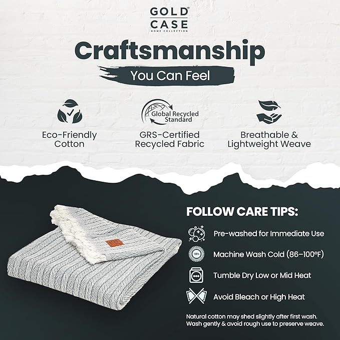Gold Case Throw Blanket for Couch – 100% Recycled Turkish Cotton Blankets & Throws – Elegant Decorative Throw Blankets for Living Room Sofa – Woven Throws for Couch – Vintage Grey – 50x60