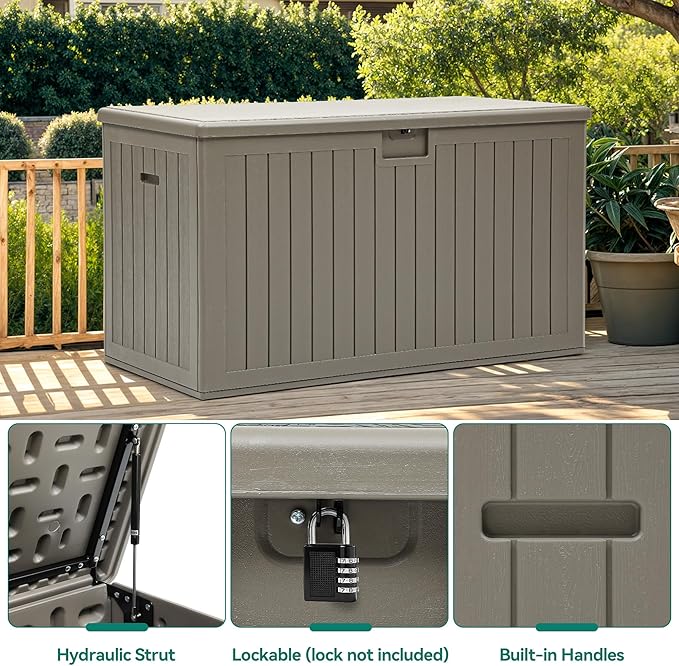 YITAHOME 200 Gallon Extra Large Deck Box, Double-Wall Resin Outdoor Storage Box with Flexible Divider for Patio Cushions Pool Supplies Garden Tools, 990 lbs Load Capacity, Lockable (Light Brown)
