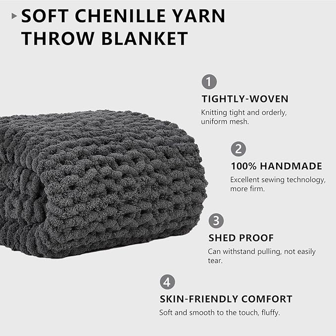 L'AGRATY Chunky Knit Blanket Throw: 72''x84'' Chenille Chunky Knitted Throw Blanket for Bed Couch - Handmade Thick Big Cable Knit Blanket - Large Chunky Crochet Blanket for Home Decor(Dark Grey)