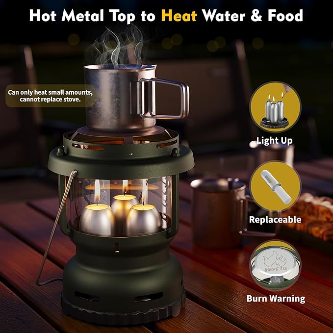 3-Wick Emergency Candle Lantern for Power Outages [18H+ Burning Time] Vintage Decorative Candle Lantern for Real Candles, Outdoor Portable Camping Survival Lighting [7.1"*5.7" - Forest Green]