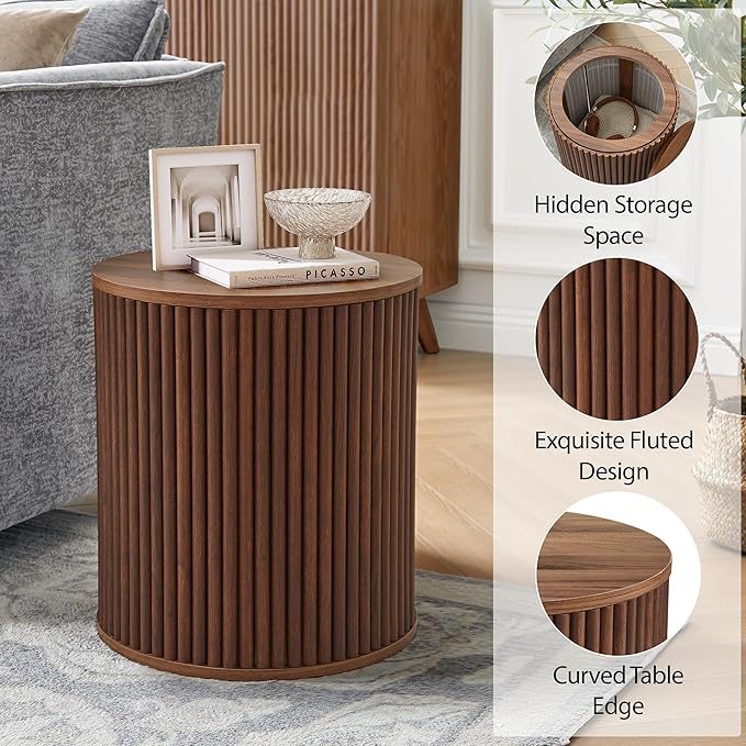 AVZEAR Fluted Round Side Table with Storage, Small Mid Century End Table Fluted Nightstands, Modern Circle Bedside Tables Wood Night Stand for Small Spaces, Living Room, Bedroom (Rustic Walnut)