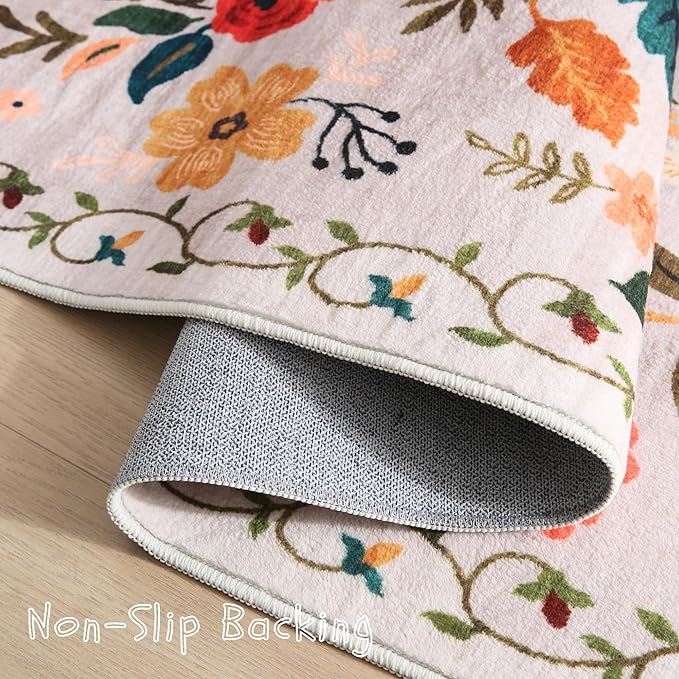 Area Rug 4x6 Rug Washable Boho Rugs Non Slip Low Pile Floral Small Carpet for Bedroom, Bedside, Kids Room, Office, Dining Room(Beige)