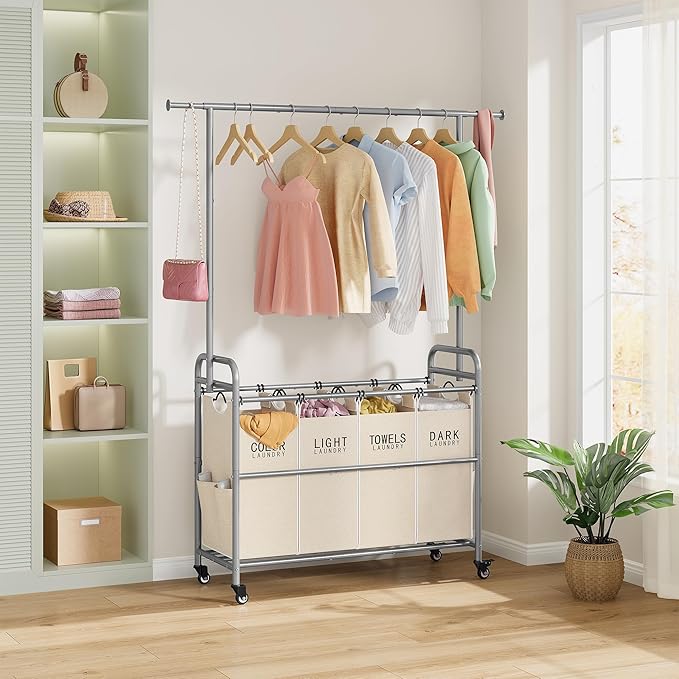 Tajsoon Laundry Hamper with Hanging Rack, Laundry Sorter 4 Sections, 4 Basket Butler with Lockable Wheels and Removable Bag, Rolling Laundry Cart for Bedroom, Beige