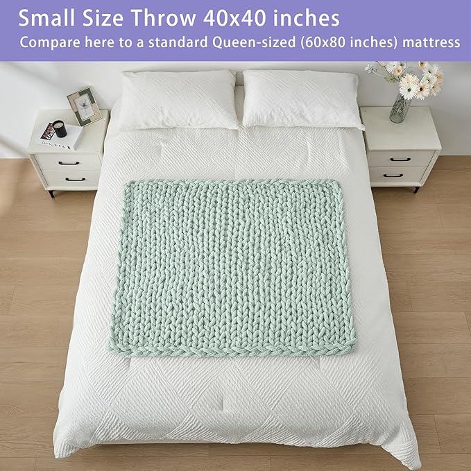 Bigacogo Chunky Knit Throw Blanket for Couch, 40x40 inches, 100% Hand Knitted with Thick Jumbo Chenille Yarn, Cozy Soft Large Rope Knot Cable Crochet Blankets for Sofa Bed Living Room, Mint