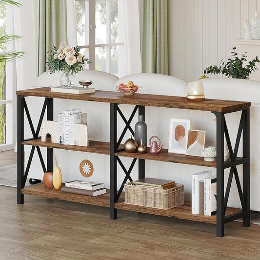 LVB Rustic Console Table, Industrial Wood Metal Sofa Table Behind Couch, Farmhouse Long Entryway Table with Storage Shelf, Large Wooden Foyer Hallway Table for Entry Living Room, Rustic Brown, 63 Inch