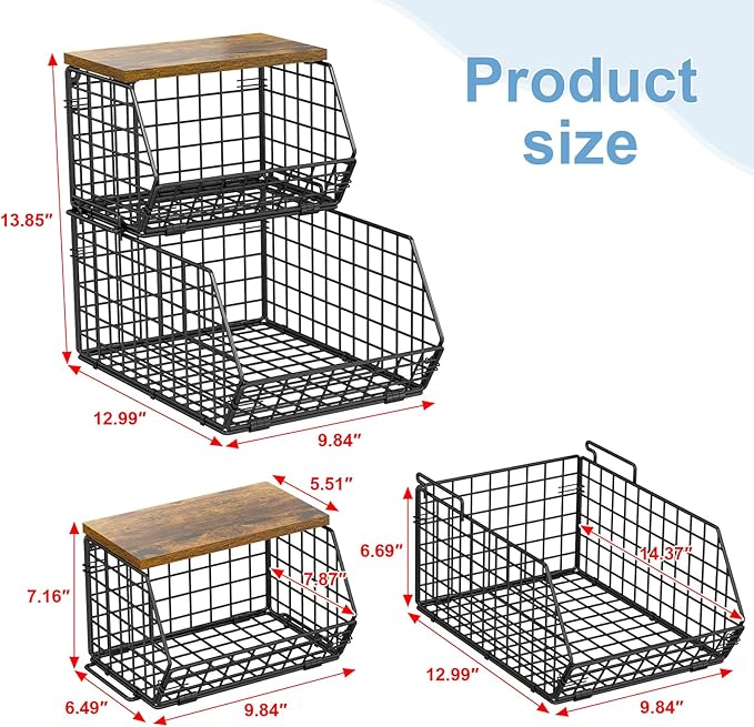X-cosrack 2-Tier Stackable Wire Baskets for with Wood Lid, Wall Hanging Baskets for Potato and Onion Storage, Fruit Basket for Kitchen Counter, Metal Baskets for Snack Produce Cans