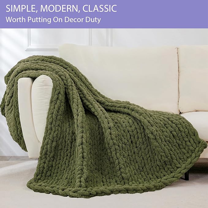 Bigacogo Chunky Knit Throw Blanket for Couch, 40x80 inches, 100% Hand Knitted with Thick Jumbo Chenille Yarn, Cozy Soft Large Rope Knot Cable Crochet Blankets for Sofa Bed Living Room, Yellow Green