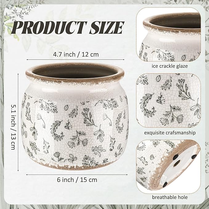 Vintage Planter Large Ceramic Plants Pot Green Leaves Crack Cottage Scroll Vase Flower Vase Pot Indoor Plants Home Kitchen Decor Farmhouse Antique Decorative Gift