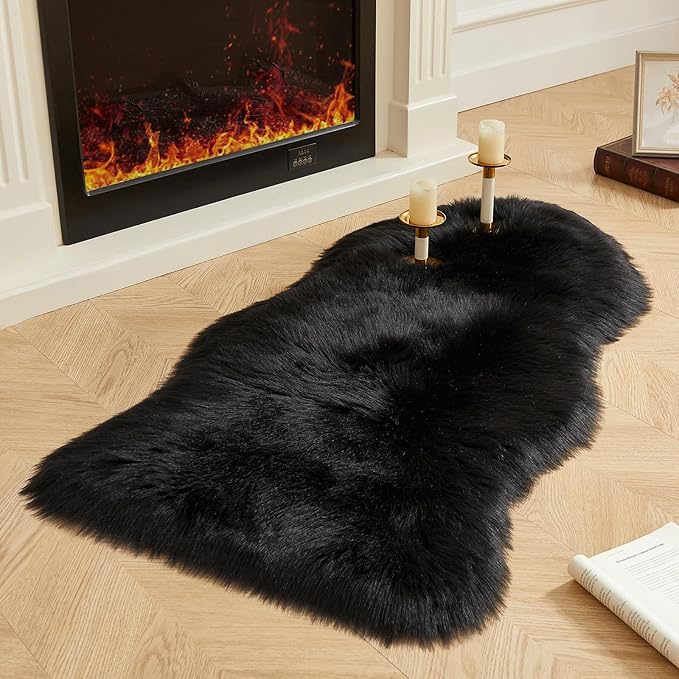 AMTOVO Faux Fur Rug, Black Area Rug, Fluffy Sheepskin Rug, Fuzzy Ultra Soft 2 x 4 ft Shag Rugs for Bedroom Sofa Throw Cushion Room Decor, Sheepskin