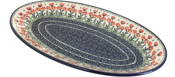 Blue Rose Polish Pottery Peach Posy Oval Platter