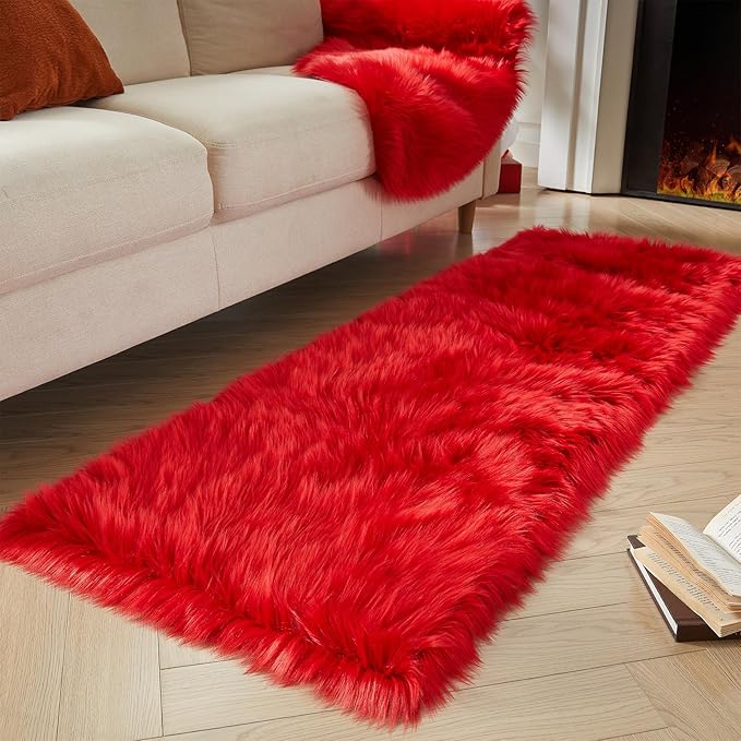 AMTOVO Faux Fur Rug, Red Ultra Soft Fluffy Shag Sheepskin Rug, 2 x 6 ft Runner Area Rugs for Bedroom Sofa Throw Cushion Room Decor, Rectangle