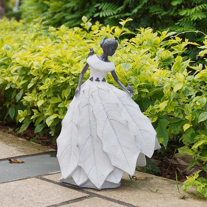 DiliComing Fairy Garden Accessories Outdoor Statue - Table Decor for Living Room Garden Maiden Bookshelf Decor Xmas Resin Holly Leaves Maiden White Statue 10.5 * 6.0 * 14.5 Inch