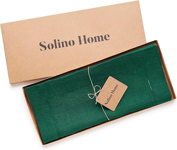 Solino Home Linen Table Runner 108 Inches Long - 100% Pure Linen Rainforest Green Table Runner 14 x 108 Inch for Fall, Autumn, Thanksgiving - Classic Hemstitch