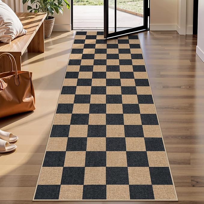 Lahome Checkered Easy Jute Runner Rug, 2x8 Kitchen Rug Non Slip Washable Outdoor Runner for Entryway Indoor, Checkerboard Black Indoor Outdoor Carpet for Hallway 8ft Entry
