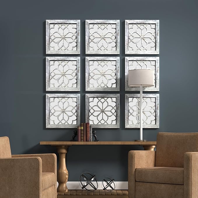 Boho Square Wall Mirrors Set of 2-12" x12'Decorative Mirrors for Wall Decor, BrownHandcrafted Mirror Panels Perfect for LivingRoom Bedroom Entryway Hallway (Grey)