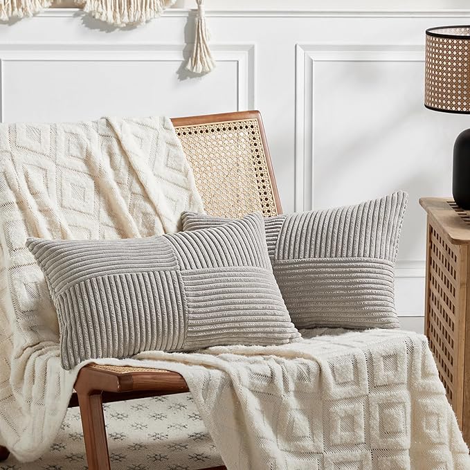 Fancy Homi 2 Packs Neutral Grey Lumbar Decorative Throw Pillow Covers 12x24 Inch for Living Room Couch Bed Sofa, Farmhouse Home Decor, Soft Striped Corduroy Rectangle Accent Cushion Case 30x60 cm