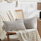 Fancy Homi 2 Packs Neutral Grey Lumbar Decorative Throw Pillow Covers 12x24 Inch for Living Room Couch Bed Sofa, Farmhouse Home Decor, Soft Striped Corduroy Rectangle Accent Cushion Case 30x60 cm