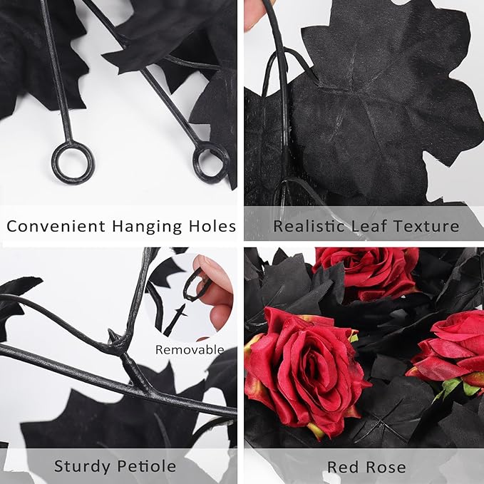 Artificial Black Garland Hanging Vine Artificial Floral Vines Fall Garland Hanging Flower Fake Rose Vines for Black and Burgundy Wedding Decor Halloween Indoor Outdoor Party Wall (Red Rose)