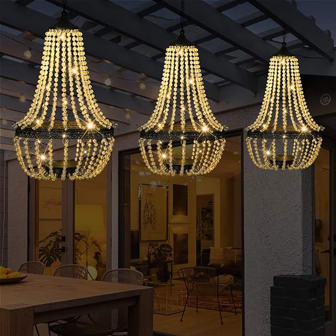 Hanging Solar Chandelier Outdoor, 30 Warm White Lights Acrylic Clear Beaded Chandelier with S Hooks Modern Lantern for Garden Yard Patio Gazebo Decorations, 28”H