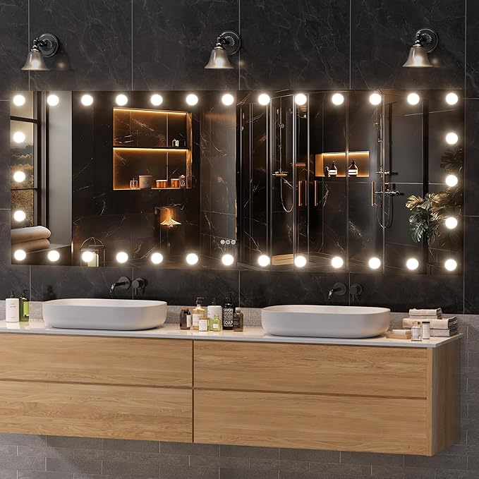 Hasipu LED Bathroom Mirror with Lights, 84" x 31" Hollywood Wall-Mounted Bathroom Mirror with 32 Dimmable Bulbs, 3 Colors Modes, Touch Control, Anti-Fog, Memory Function, Shatter-Proof, ETL Listed