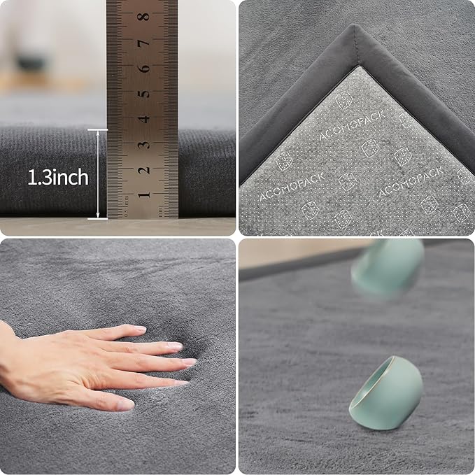 ACOMOPACK Baby Play Mat for Floor 1.3" Thick Memory Foam Play Mat 79"×157" Tummy Time Crawling with Non-Slip Bottom for Living Room,Nursery,Soft Velvet Playpen Mats for Kids,Infants（Dark Grey）