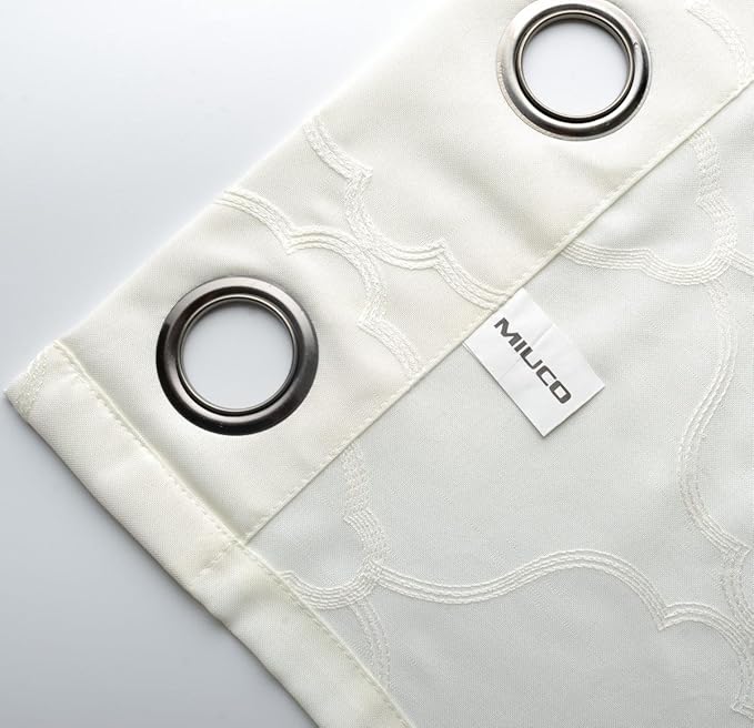 MIUCO Moroccan Embroidered Semi Sheer Curtains Faux Linen Grommet Curtains for Girls Room 52 x 84 Inch Set of 2, Off White