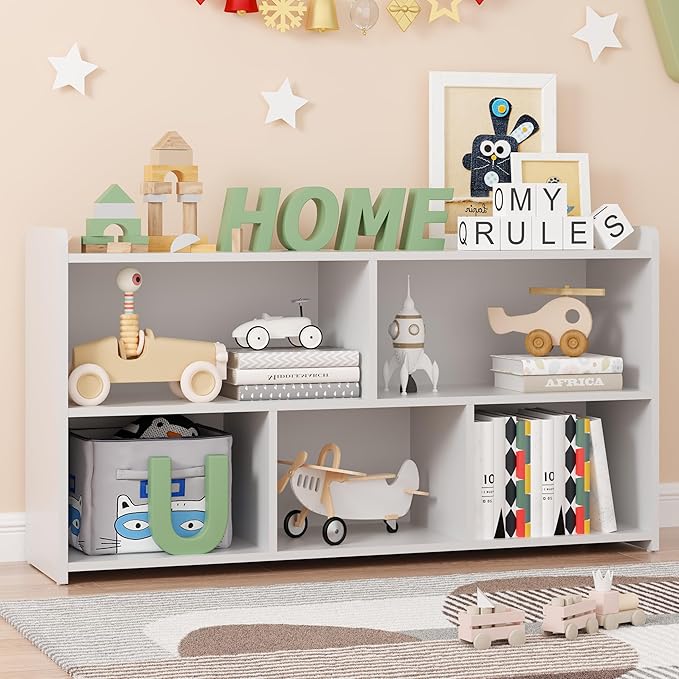 Book Shelf Set of 2, 5 Cubes Storage Organizer, Open Shelf Wooden Bookcase, Freestanding White Bookshelf Cube Shelf for Bedroom, Living Room, Home Office