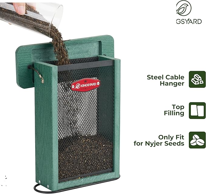 Kingsyard Metal Mesh Bird Feeder for Outdoors Hanging, Finch Feeder for Nyjer/Thistle, Sliding Mesh & Built-in Perch, Recycled Plastic, Green