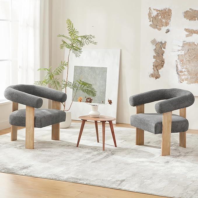 VKNOW Accent Chair Living Room Chair, Modern Upholstered Armchair with Solid Wood Legs, Comfy Barrel Arm Chairs for Living Room Bedroom, Dark Grey