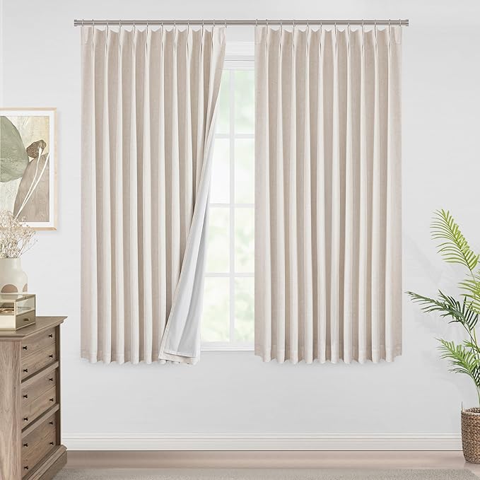 Vision Home Natural Pinch Pleated Full Blackout Curtains Linen Blended Room Darkening Window Curtains 72 inch for Living Room Bedroom Thermal Insulated Pinch Pleat Drapes with Hooks 1 Panel 60"Wx72"L