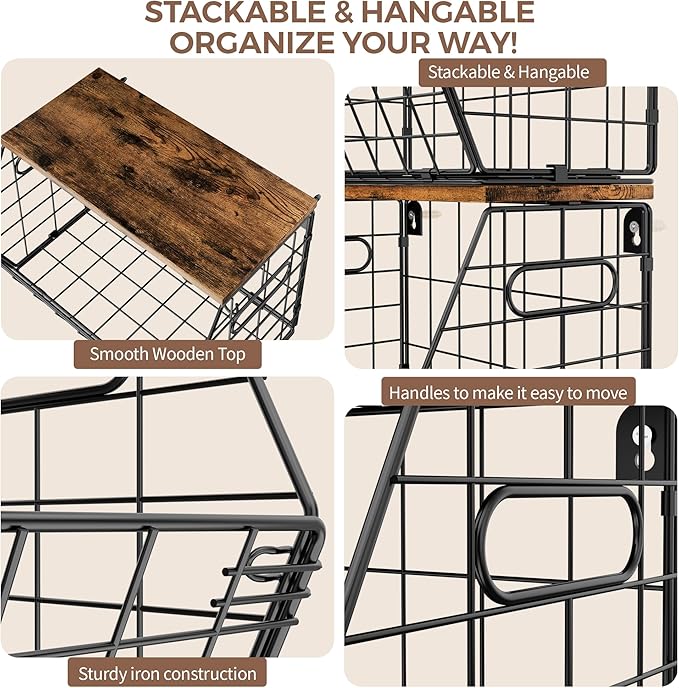 Delamu 2-Pack Stackable Metal Fruit Basket with Wood Lid-Wall Mounted & Countertop Organizer for Kitchen,Pantry- Ventilated Storage for Onions,Potatoes,Fruits,Spices (12"x 8"x 8-5/16")