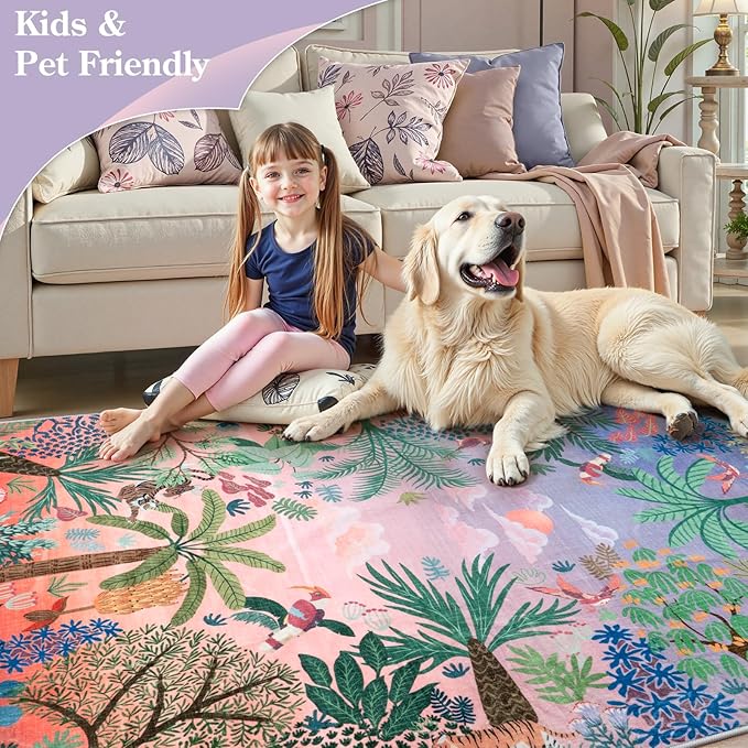 LIVEBOX Machine Washable Area Rugs 8x10 Lavender Girls Bedroom Rug, Soft Ultra-Thin Nursery Girl Carpet for Living Room, Jungle Purple Rugs for Girls Room, Lilac Rug for Nursery Room