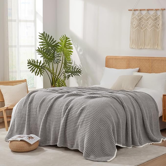 Snuggle Sac Soft Waffle Blanket, Grey Bedding Blankets Queen Size 90x90 inches, Reversible Microfiber Fluffy Fuzzy Grey Blanket Cozy Knit Blanket for Women Mothers Birthday Gifts