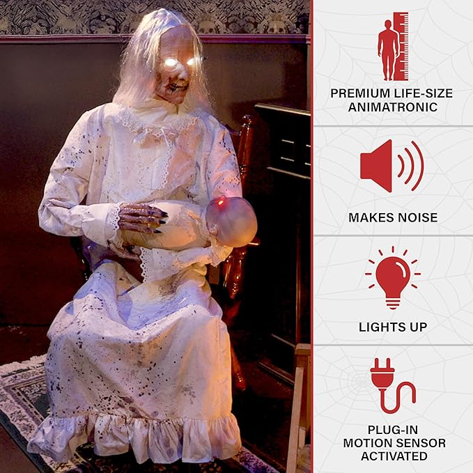 Haunted Hill Farm Life-Size Animatronic Gravely Granny by Tekky Halloween Decoration with Motion-Activated Sounds