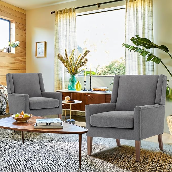 COLAMY Modern Wingback Living Room Chair Set of 2, Upholstered Fabric Accent Armchair, Single Sofa Chair with Lounge Seat and Wood Legs for Bedroom/Office/Reading Spaces, Gery