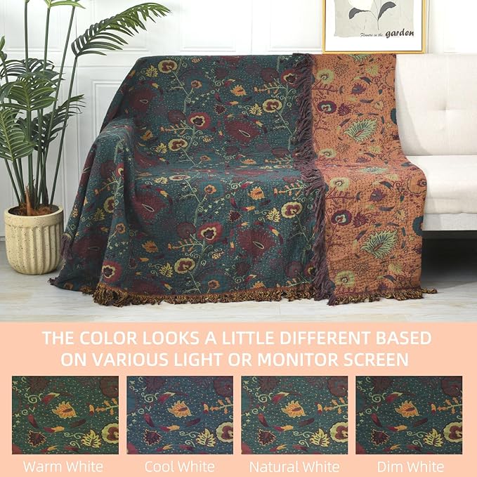 Boho Throw Blanket for Bed - 100% Pure Cotton Ultra Soft Rustic Quilt - Farmhouse Decor Bed Blankets, All Season Rustic Throw for Sofa Couch Chair(60''×80'', Floral)