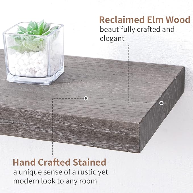 Axeman Floating Shelves for Wall, 24''W x 8'' D Rustic Solid Elm Wood Shelves for Storage, Wall Mounted Display Shelving with Invisible Heavy-Duty Metal Bracket (Grey, 2PCs)