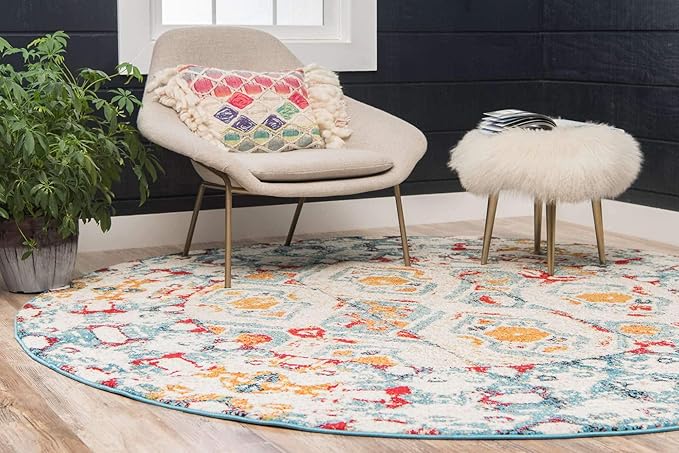 Unique Loom Rosso Collection Vintage, Geometric, Bohemian, Traditional, Distressed, Southwestern Area Rug, Round 4' 0" x 4' 0", Multi/Ivory