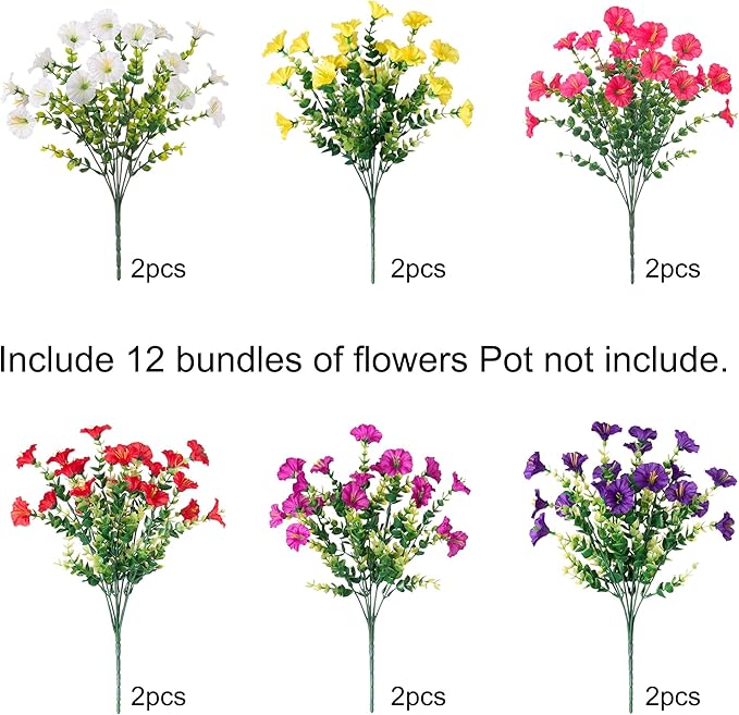 Artificial Flowers for Outdoors Fake Plants Outside Decoration, 12 Bundles Silk Colorful Morning Glory with Eucalyptus UV Resistant Realistic Faux Flowers for Planter Porch Patio Yard Garden
