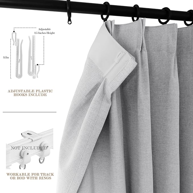 100" W x 96" L Faux Linen Room Divider Curtains, Full Blackout Pinch Pleated Drapes for Traverse Rod, Bedroom Divider Privacy Drapery with Hooks for Ceiling Track, 1 Panel, Silver Grey