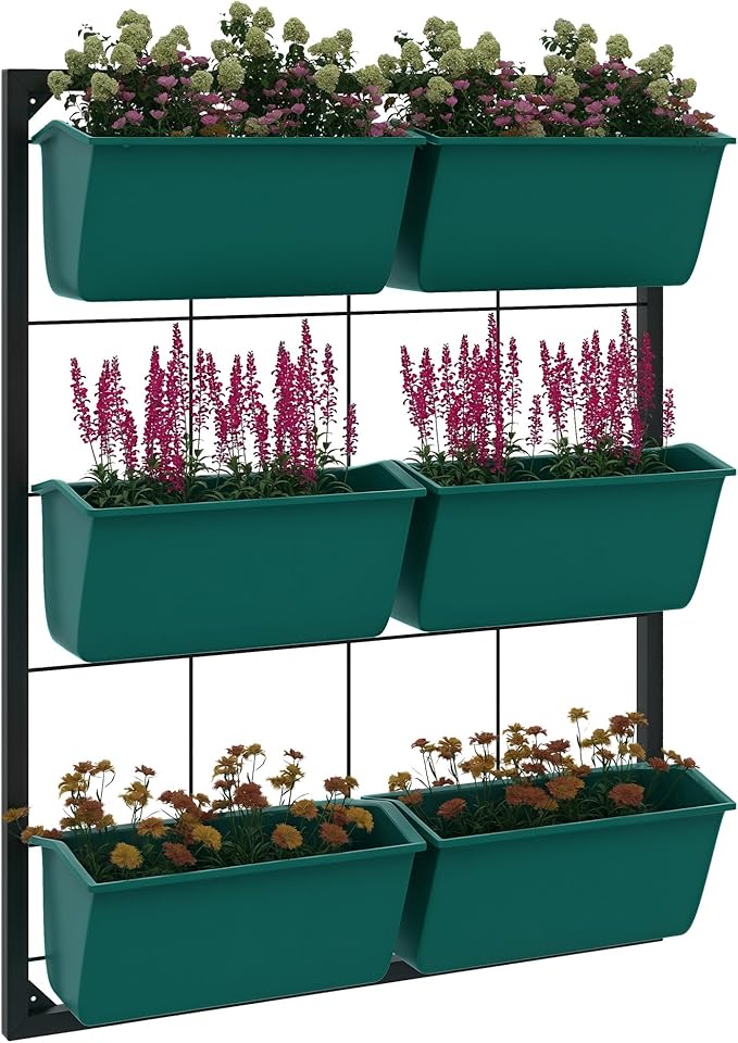 Outsunny 3-Tier Wall Planter with 6 Pots for Indoor and Outdoor Use, Hanging Plant Holder, Self Draining Wall Mounted Planter for Vegetables, Flowers, Herbs, Green