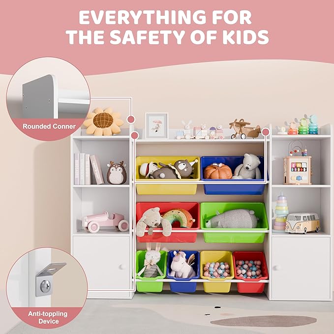 Xilingol Kids Toy Storage Organizer W/8 Removable Toy Bins, 4-Tier Toy Organizers W/6 Storage Cubbies, Kid Bookshelf and Toy Storage for Playroom, Bedroom, Kids Room, Classroom