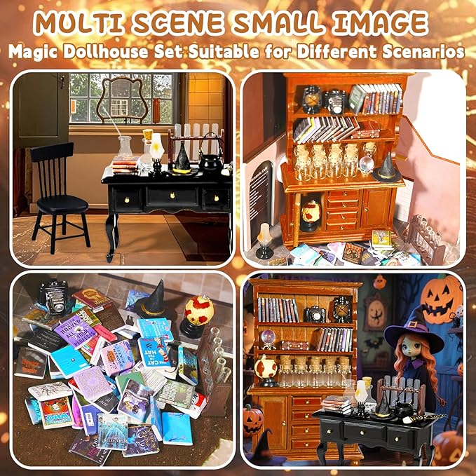 Rileryan 54 Pcs 1:12 Scale Magic Witchy House Kit Miniature Furnitures Accessories Mini Wooden Bookshelf Bookcase 30 Mini Books Desk Chair Halloween Decoration