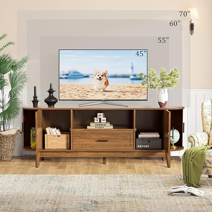 63" Fluted TV Stand for Tvs up to 70", Mid-Century Modern Entertainment Center with Drawers and Fluted Doors, Curved TV Media Console Table with Sliding Doors for Living Room, Bedroom (63")