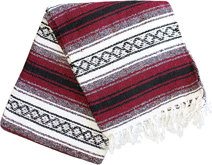 Del Mex Classic Mexican Blanket, Large Authentic Woven Falsa Throw (70"x50"), Artisan Southwest Décor for Beach, Yoga, Outdoors (Burgundy)