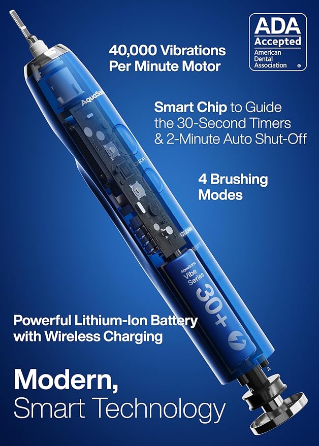 Aquasonic Vibe Series Ultra-Whitening Toothbrush – ADA Accepted Electric Toothbrush - 8 Brush Heads & Travel Case – 40,000 VPM Motor & Wireless Charging - 4 Modes w Smart Timer – Sapphire Blue